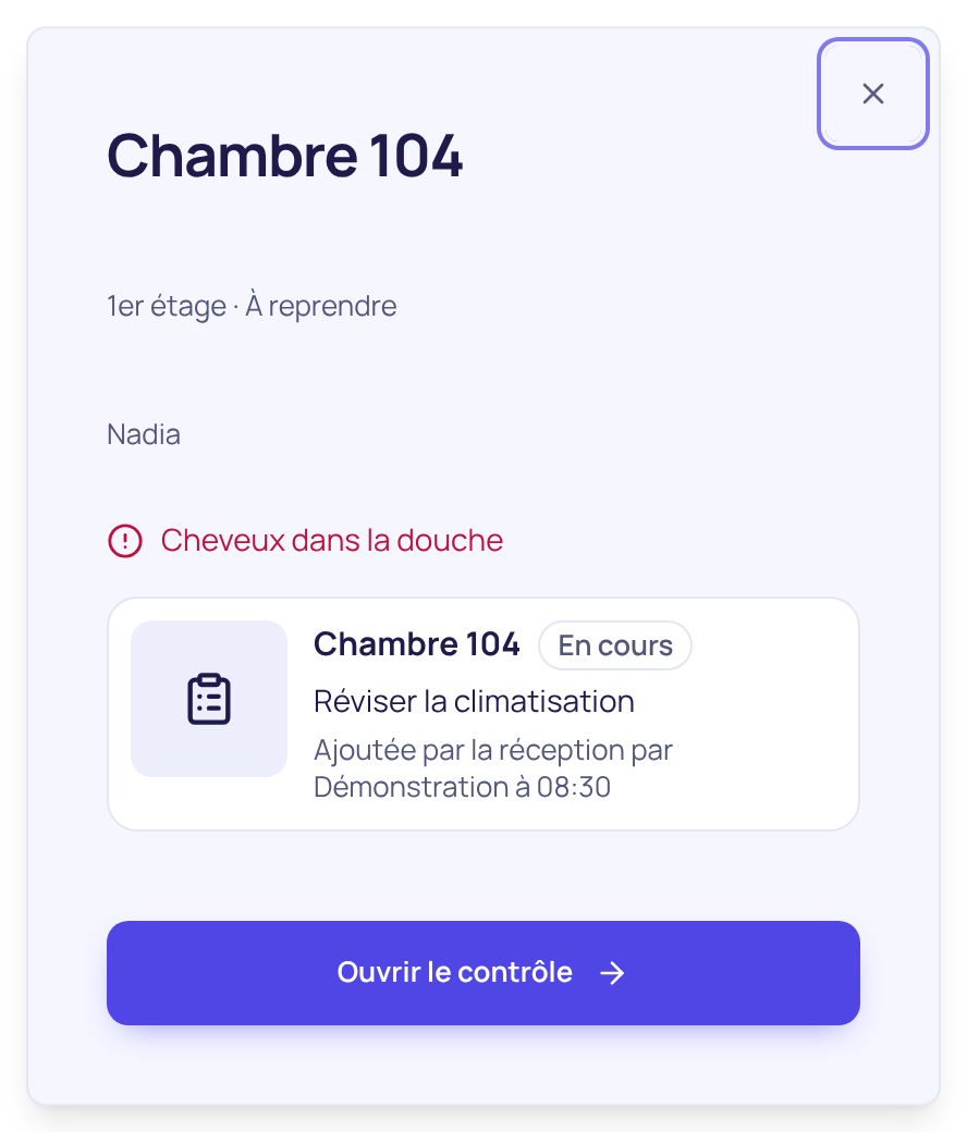 La fiche réelle d’une chambre fictive dans Bizonflow : affectation, avancement et signalements.