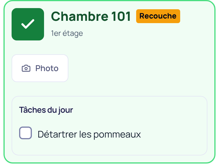 La vraie feuille téléphone de Bizonflow : chambres attribuées, consignes et tâches sur des données fictives.